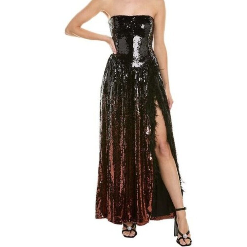 New WeWoreWhat Strapless Feathered Ombre Gown Sequin Size 2‎